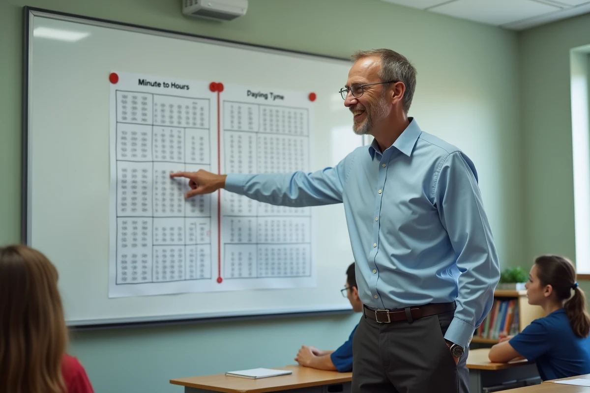 Enseignant pointe un tableau de conversion minutestohours en classe