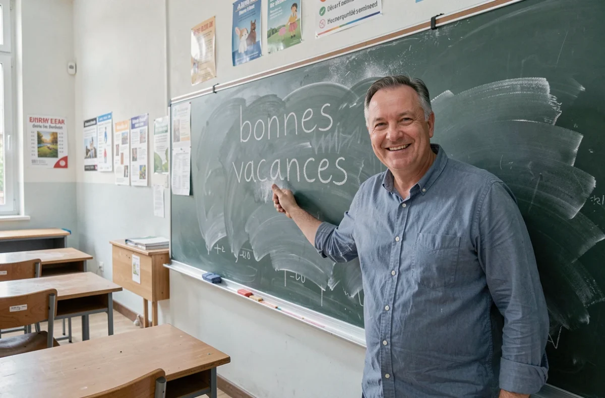 Enseignant souriant pointant la phrase bonnes vacances écrite à la craie sur un tableau de classe française