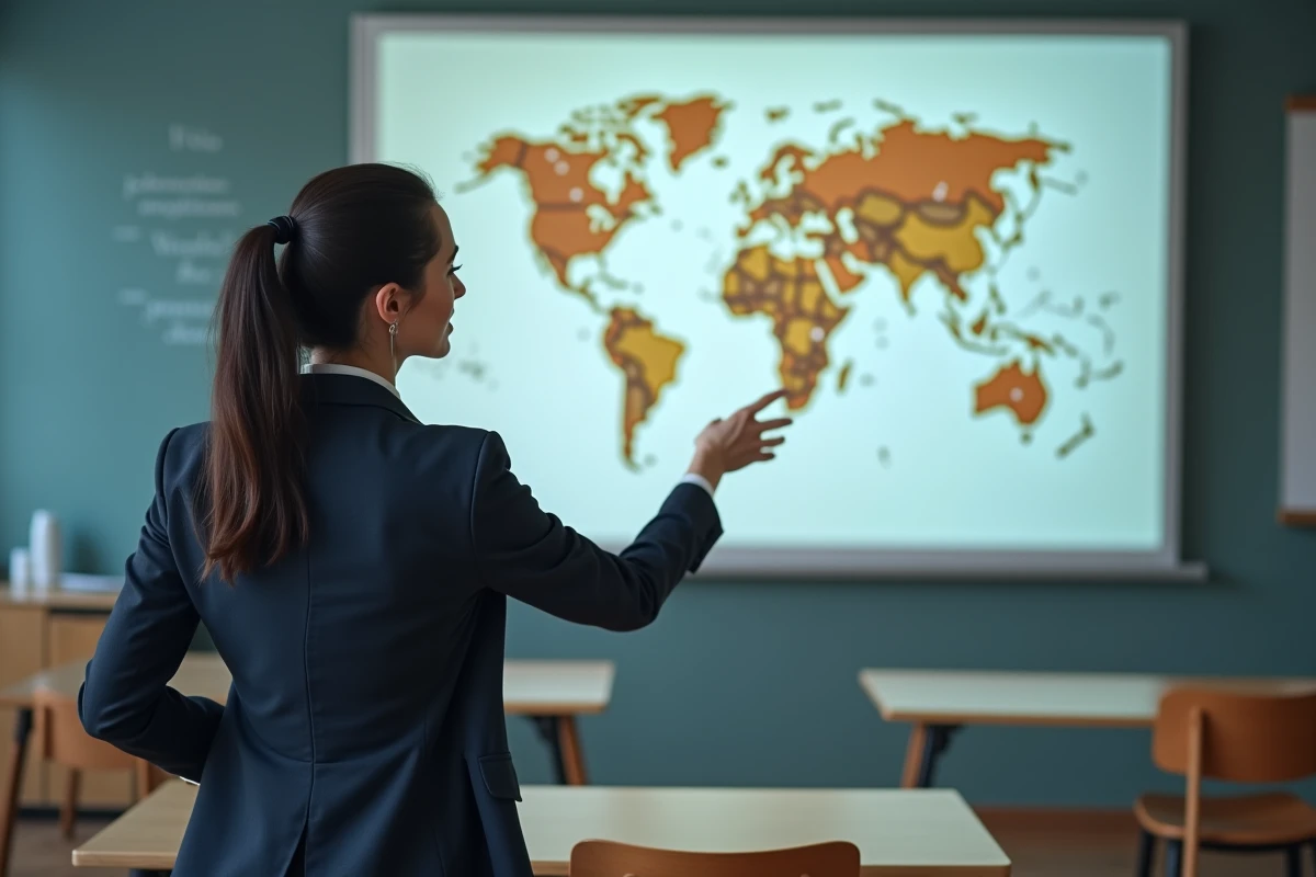 Femme enseignante pointant une capitale sur une carte du monde dans une salle de classe moderne