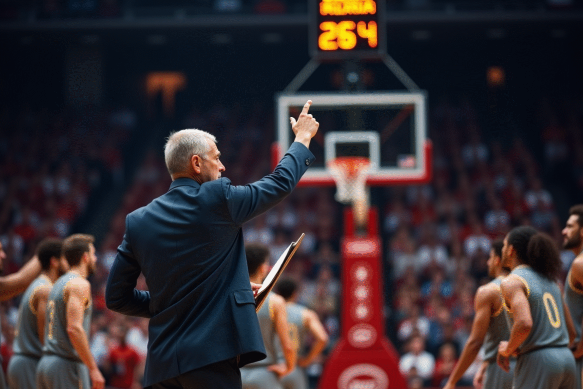 Entraineur de basketball pointant vers l'horloge lors d'un temps mort
