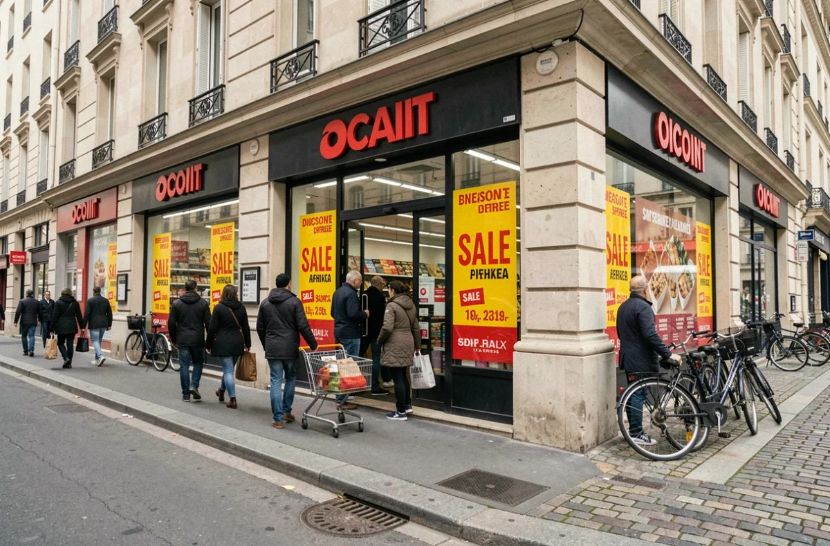 Devanture d'un supermarché discount dans le 20ème arrondissement de Paris avec clients en train d'entrer et sortir des courses