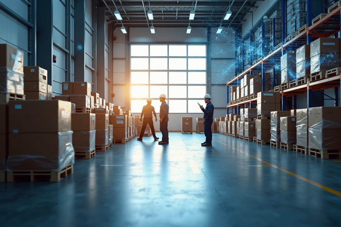 Entrepot logistique moderne avec réseau blockchain et travailleurs