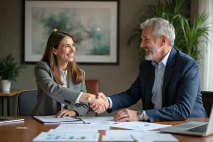 Deux professionnels se serrent la main dans un bureau moderne