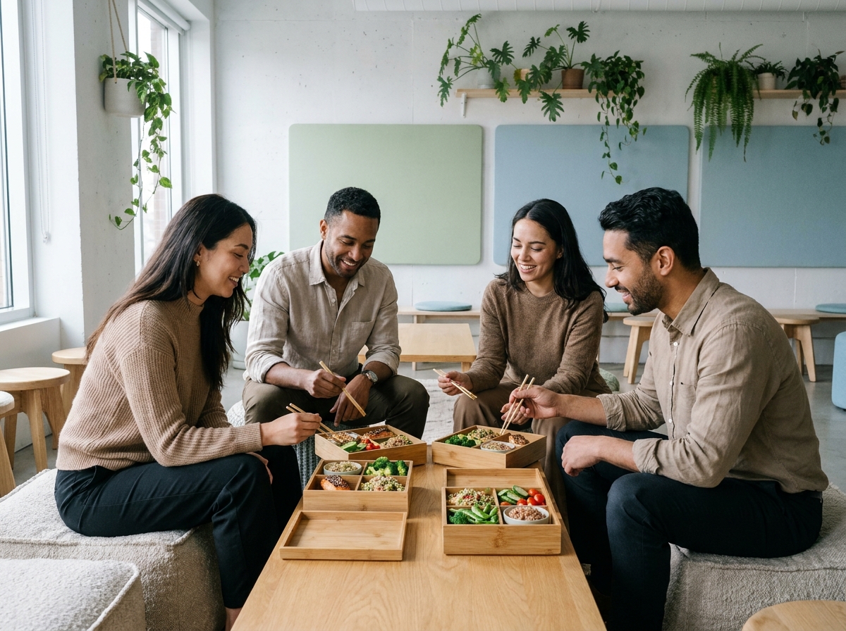 Équipe de professionnels déjeunant ensemble avec des boîtes repas équilibrées dans un espace co-working moderne