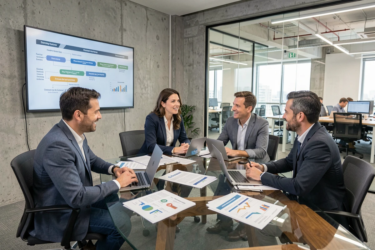 Équipe professionnelle discutant des futures réglementations autour d'une table de réunion avec des documents de conformité