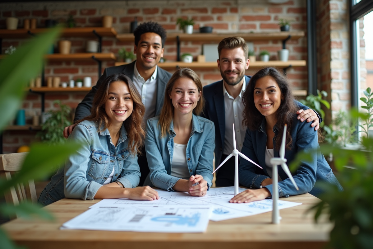 Groupe de jeunes autour d’un bureau avec maquettes d’éoliennes