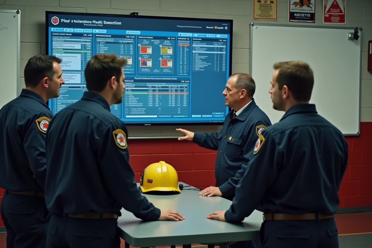 Équipe de pompiers discutant autour d'un écran de gestion numérique lors d'un briefing en caserne