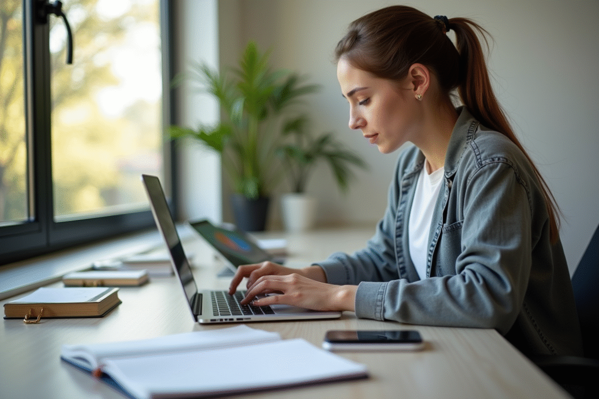 Étudiant utilisant un ordinateur portable sur un bureau moderne