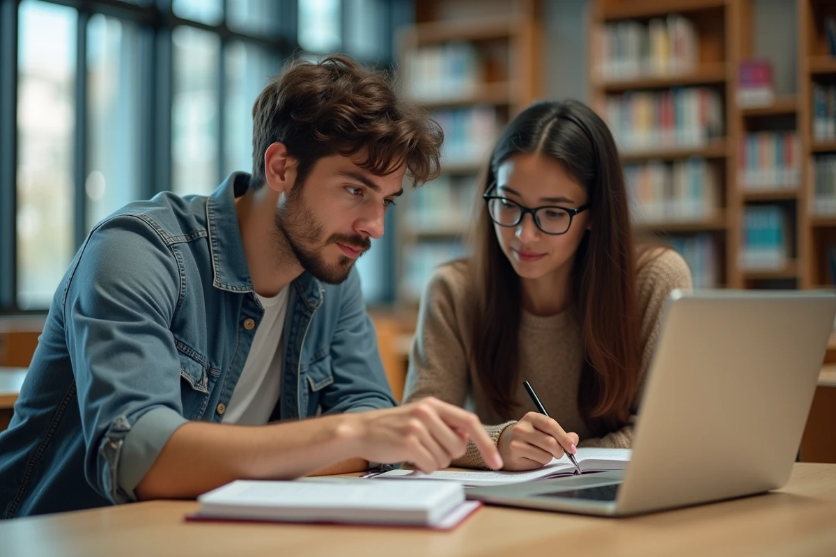 Deux étudiants consultant un site de lecture de scans manga débloqué dans une bibliothèque universitaire