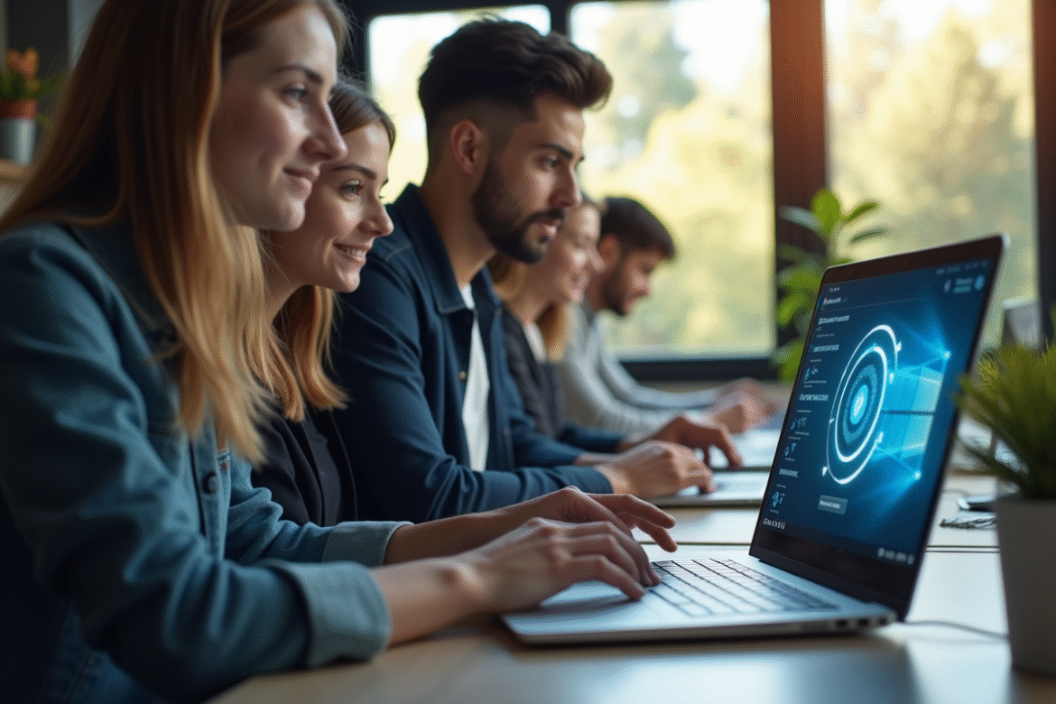 Groupe d'étudiants utilisant un portail intranet numérique