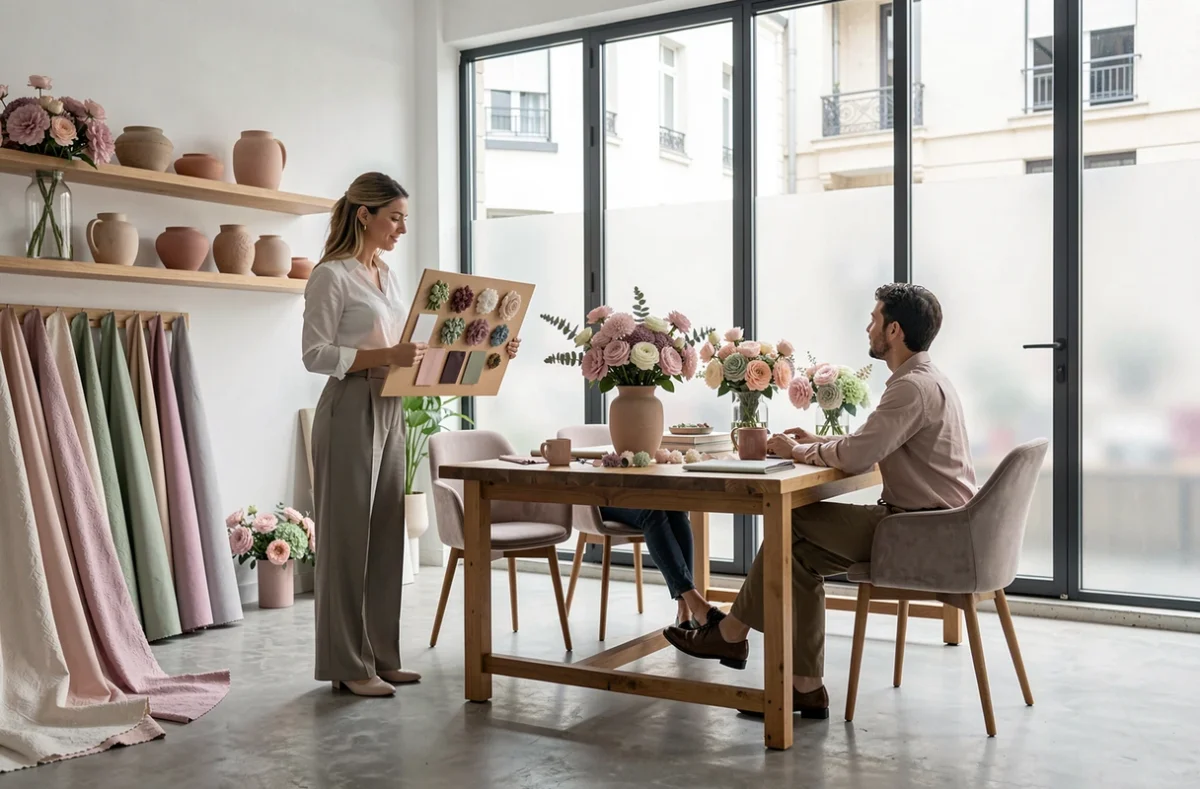 Directrice créative d'Even You à Rouen présentant des compositions florales événementielles lors d'une consultation de design avec un couple