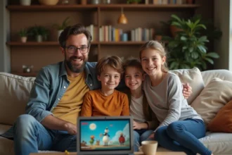 Famille heureuse regardant Astérix sur Netflix à la maison