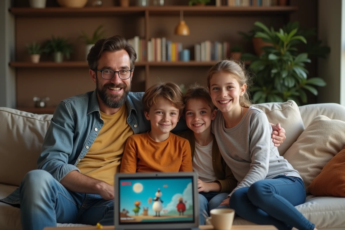 Famille heureuse regardant Astérix sur Netflix à la maison