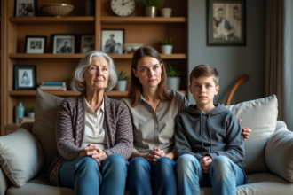 Famille de trois générations assise sur un canapé en réflexion