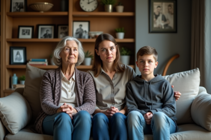 Famille de trois générations assise sur un canapé en réflexion