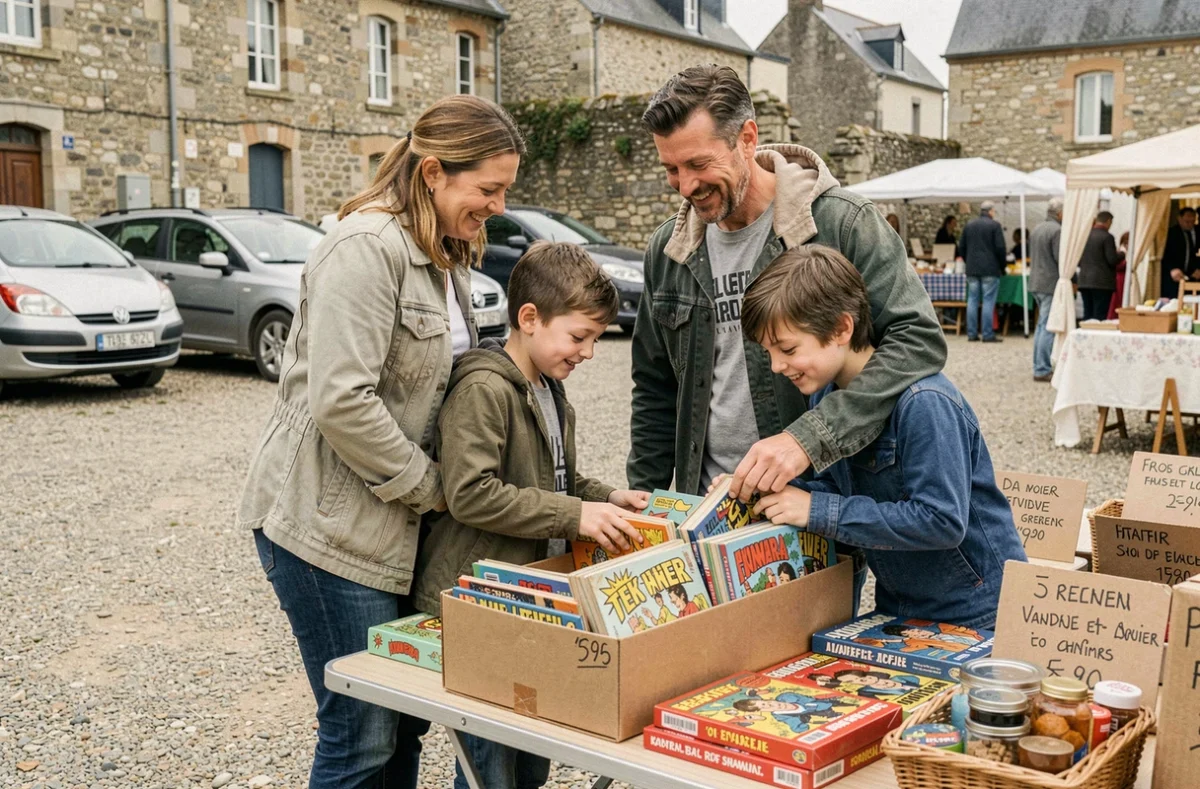 Famille en train de chiner dans un vide grenier en plein air dans le département du Maine-et-Loire