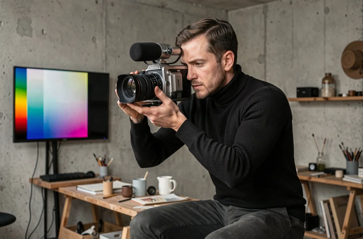 Vidéaste créatif masculin composant un plan artistique dans un studio du Nord