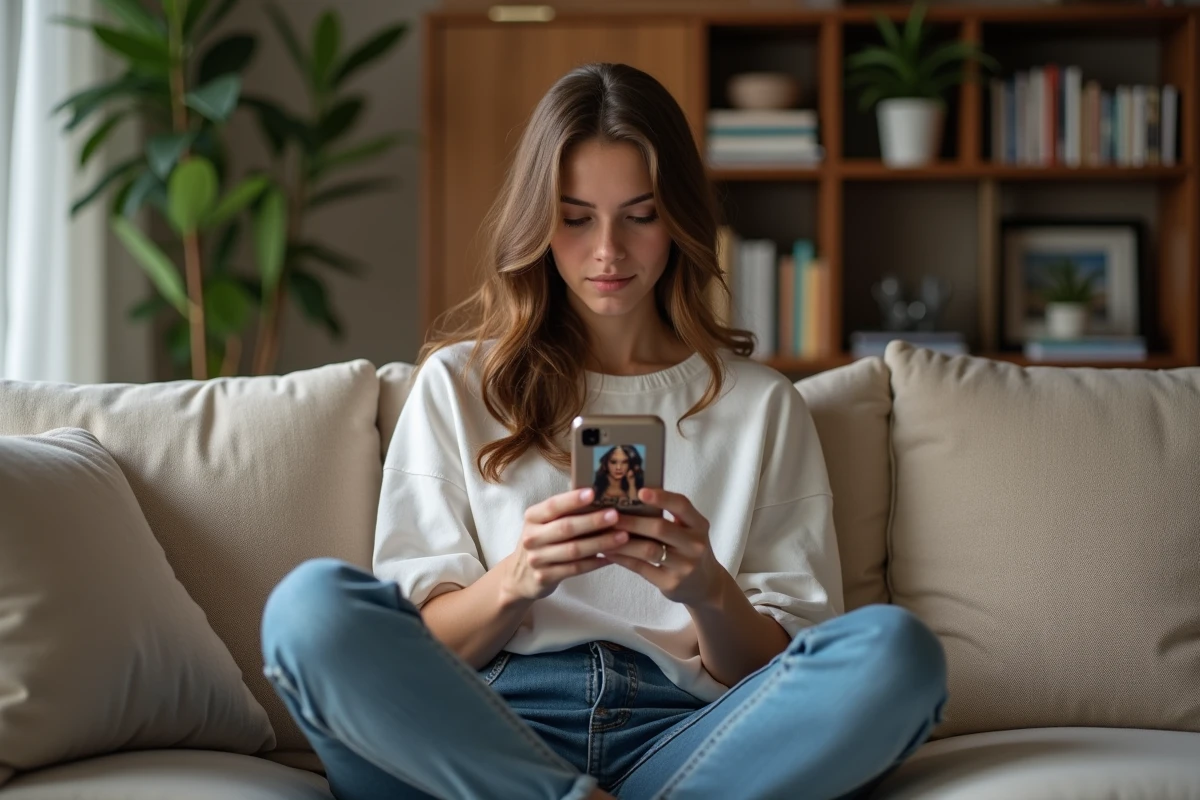 Jeune femme parcourant l'actualité people et les photos de stars sur son smartphone depuis son salon