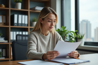 Femme d'âge moyen tenant un dossier dans un bureau moderne