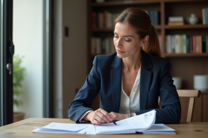 Femme d'affaires en costume bleu examinant des documents financiers