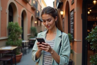 Jeune femme consultant une application de bars sur son smartphone devant une terrasse de bar à Toulouse