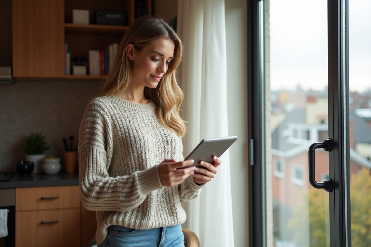 Jeune femme consulte des annonces immobilières sur sa tablette