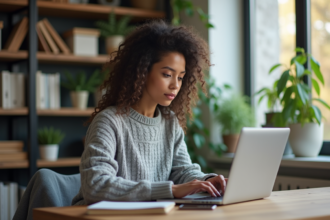 Jeune femme concentrée dans un bureau moderne