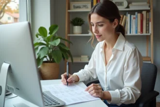 Jeune femme au bureau consulte un tableau de conversion minutestohours