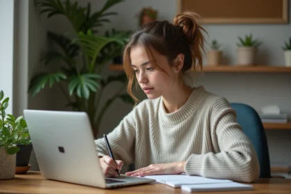Jeune femme au bureau prenant des notes sur son ordinateur
