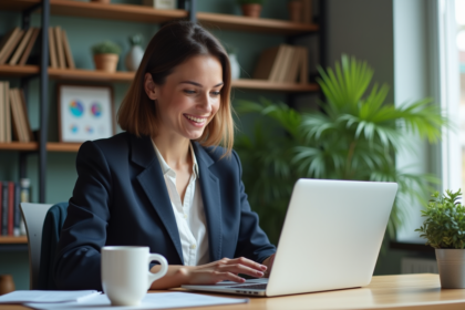 Femme en bureau à domicile travaillant sur son ordinateur