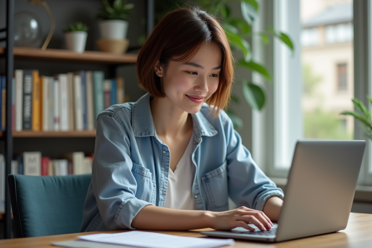Jeune femme au bureau étudiant un texte traduit sur son ordinateur
