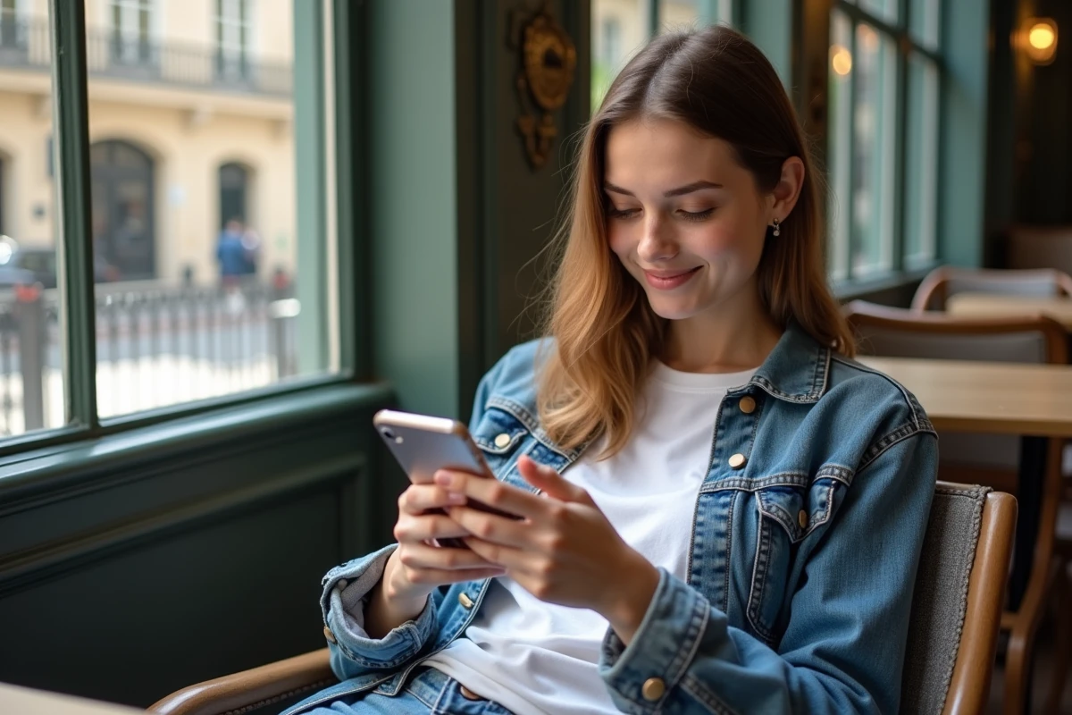 Jeune femme lisant Solo Leveling dans un café parisien ensoleille