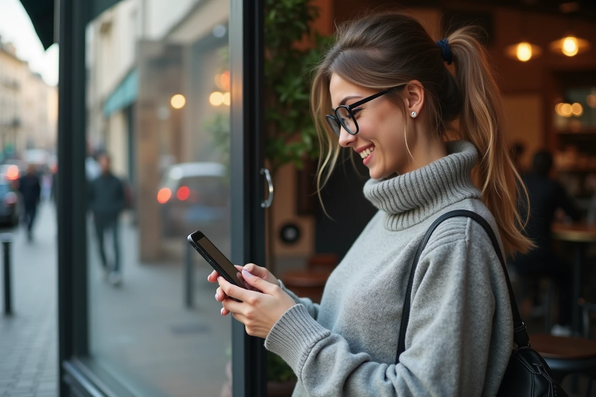 Femme française souriante regarde son smartphone devant un café