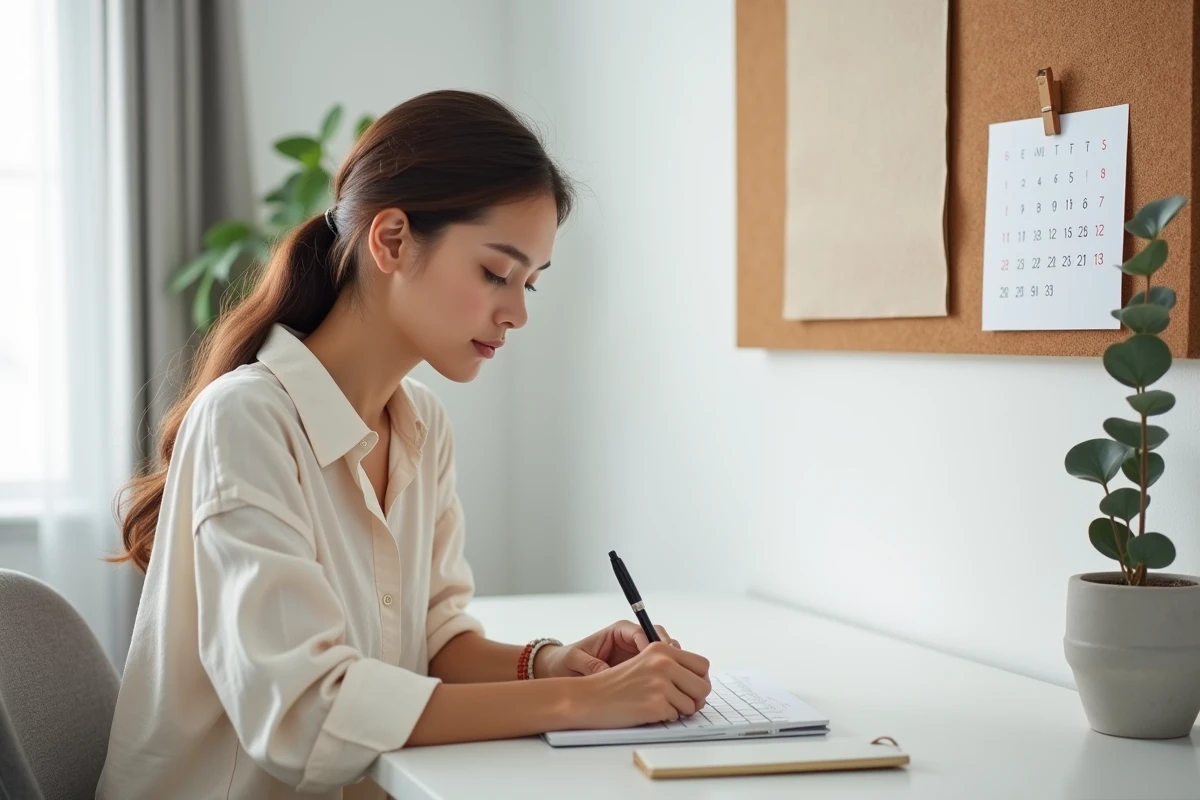 Femme organisant son planning sur un calendrier 2026 minimaliste imprimé accroché à un tableau en liège