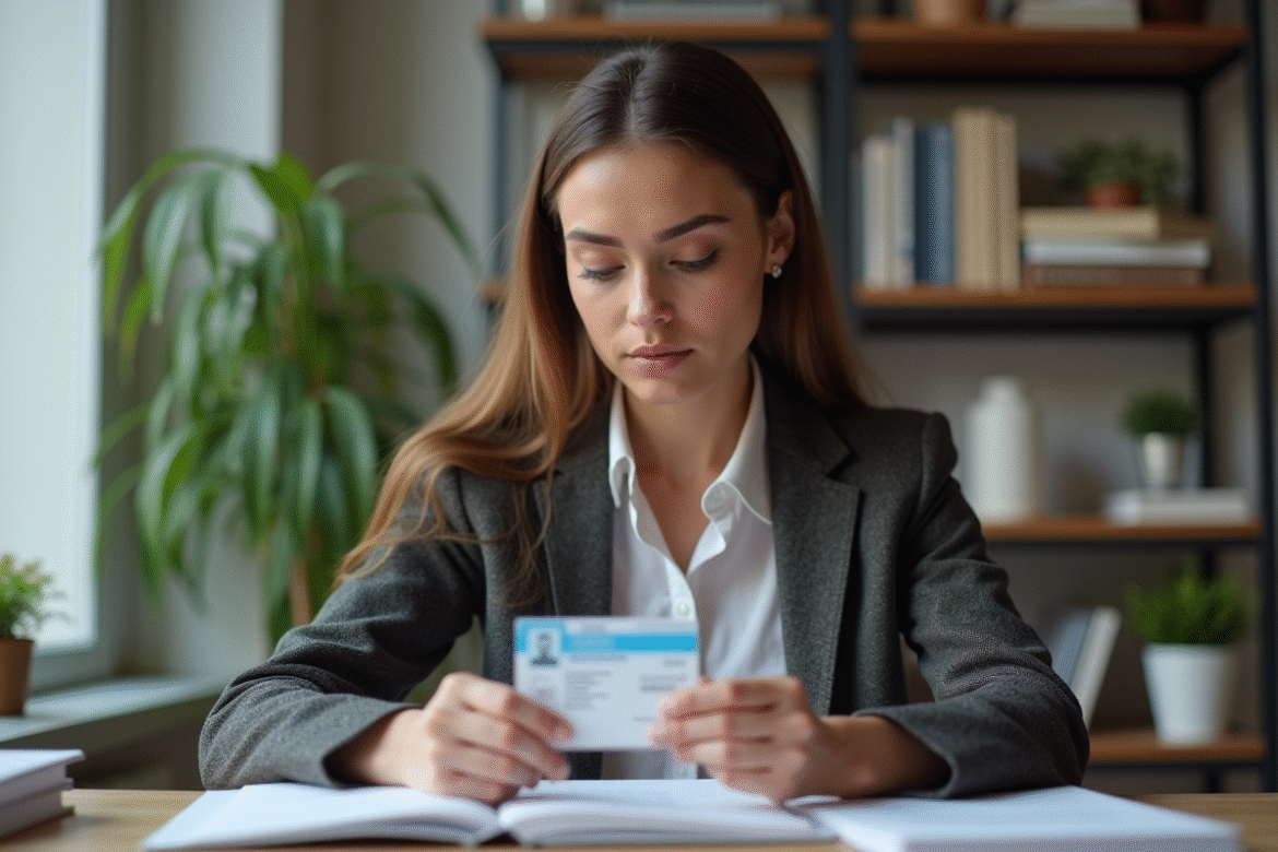 Femme inspectant sa carte d'identite francaise dans un bureau moderne