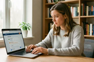 Femme consultant le centre d'aide le Bon Coin sur son ordinateur portable dans un bureau à domicile