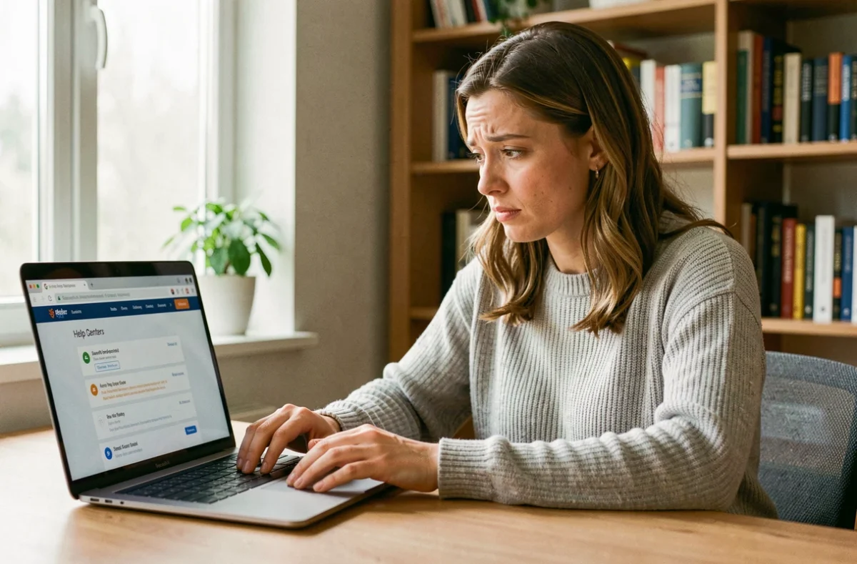 Femme consultant le centre d'aide le Bon Coin sur son ordinateur portable dans un bureau à domicile