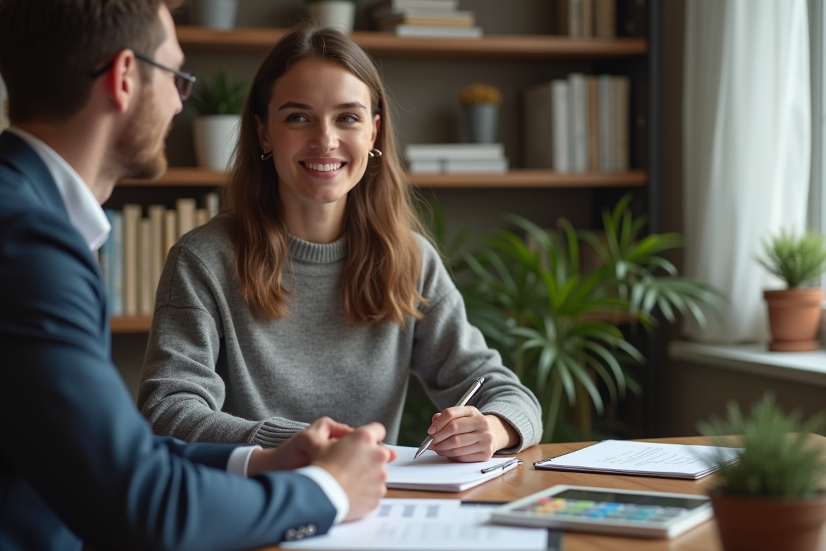 Femme écoutant un conseiller financier dans un bureau cosy