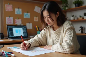 Jeune femme dessinant un modèle pixel art sur papier quadrillé dans un studio créatif à domicile