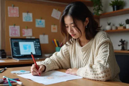 Jeune femme dessinant un modèle pixel art sur papier quadrillé dans un studio créatif à domicile