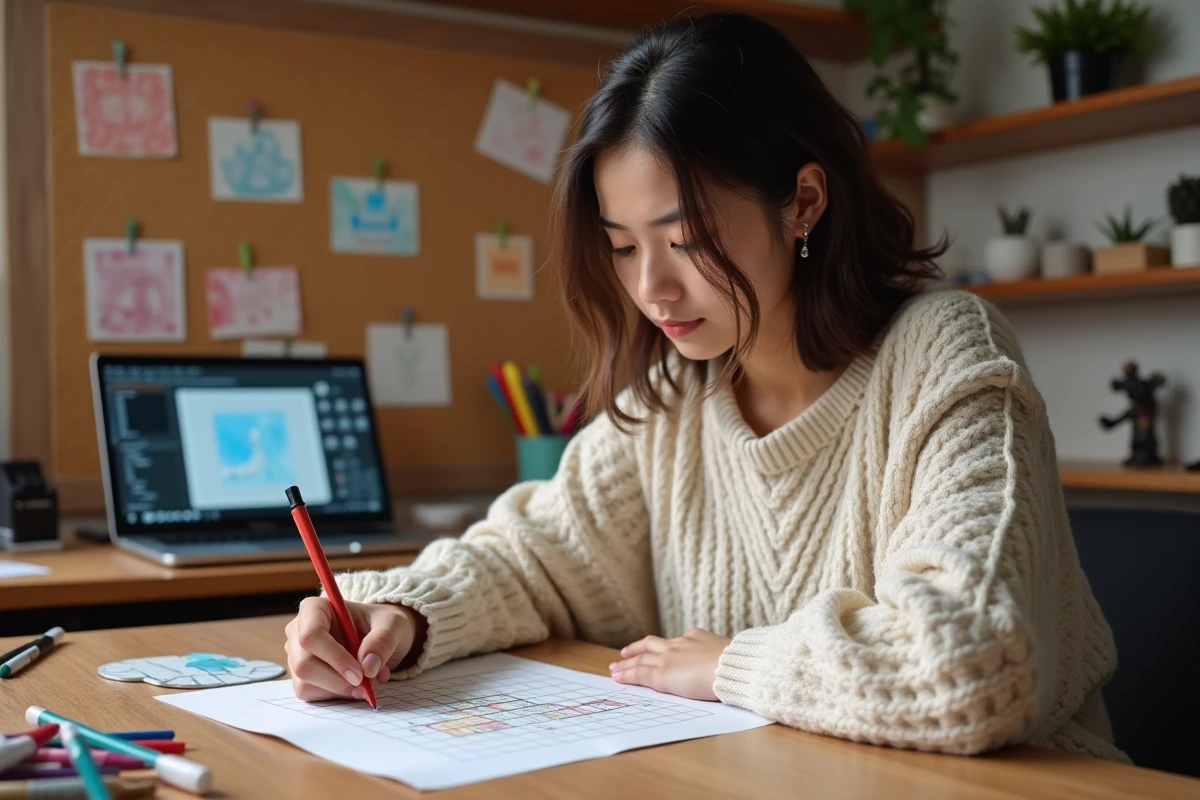 Jeune femme dessinant un modèle pixel art sur papier quadrillé dans un studio créatif à domicile