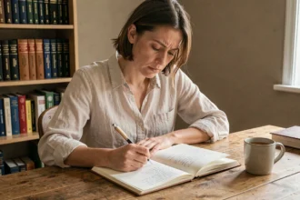 Femme concentrée écrivant dans un cahier avec des livres de grammaire française en arrière-plan, illustrant la règle orthographique bonnes vacances
