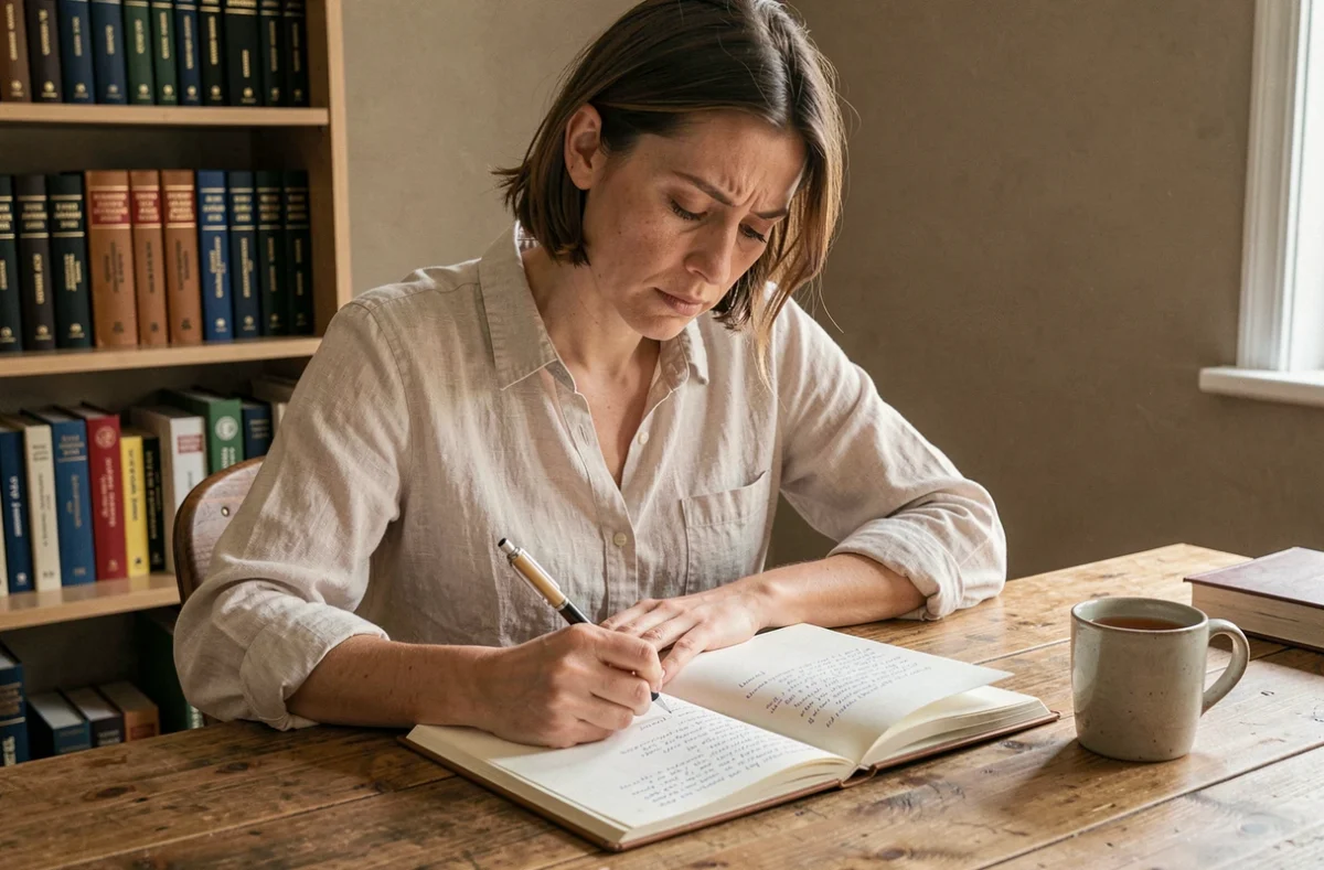 Femme concentrée écrivant dans un cahier avec des livres de grammaire française en arrière-plan, illustrant la règle orthographique bonnes vacances