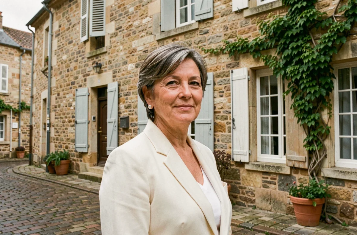 Femme élégante devant un bâtiment en pierre d'une ville régionale française, illustrant les racines et l'origine géographique dans un contexte patrimonial