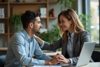 Femme d'âge moyen soutenant un jeune employé au bureau