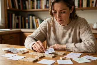 Femme étudiant des mots acceptés au Scrabble avec des fiches mnémotechniques et des lettres sur une table en bois