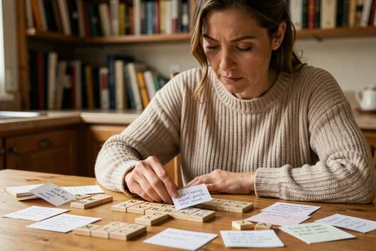 Femme étudiant des mots acceptés au Scrabble avec des fiches mnémotechniques et des lettres sur une table en bois