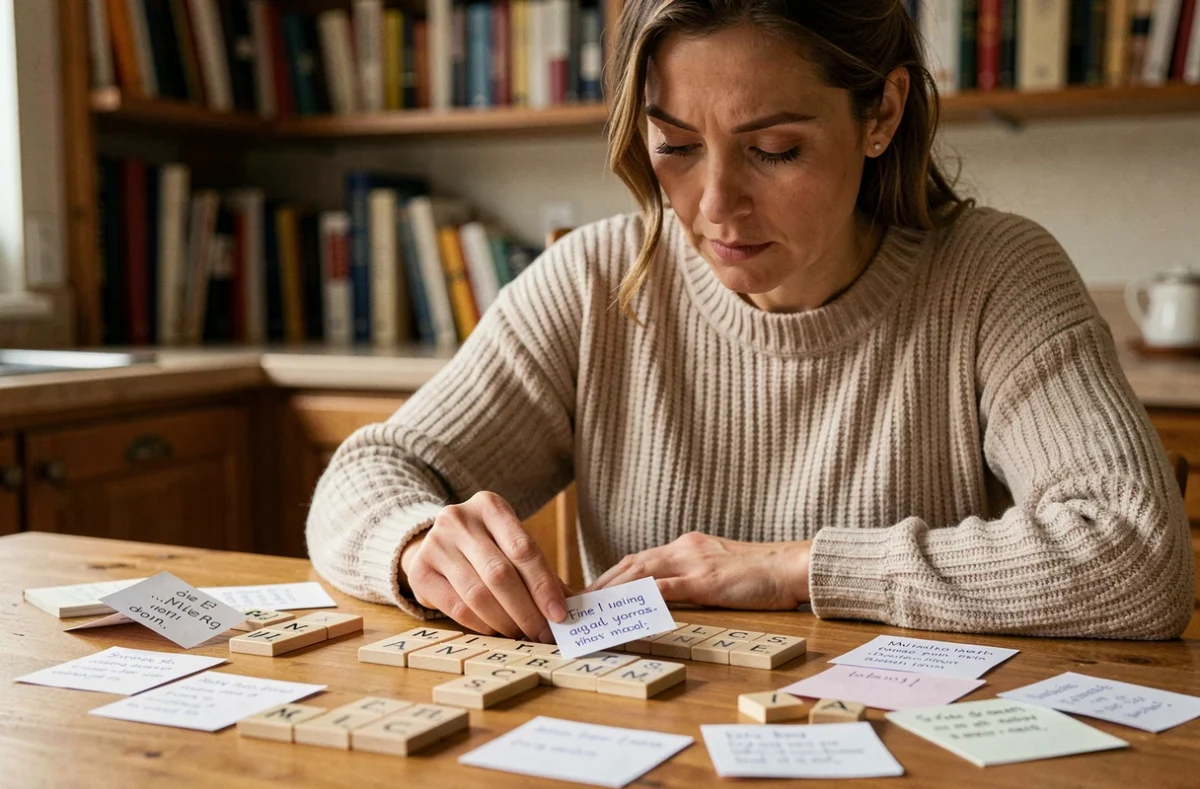 Femme étudiant des mots acceptés au Scrabble avec des fiches mnémotechniques et des lettres sur une table en bois