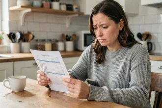 Femme consultant sa facture téléphonique avec un smartphone à la main dans une cuisine moderne