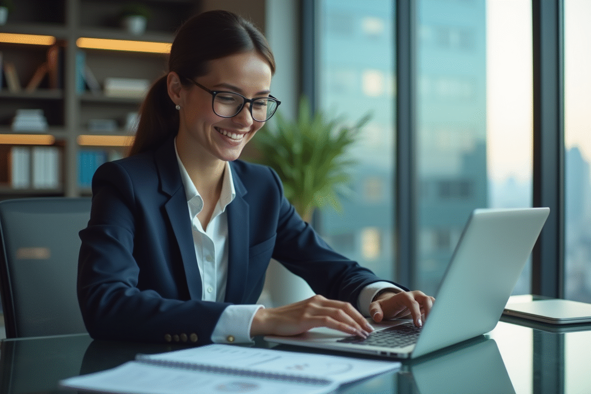 Femme confiante en tailleur navy analyse des graphiques financiers